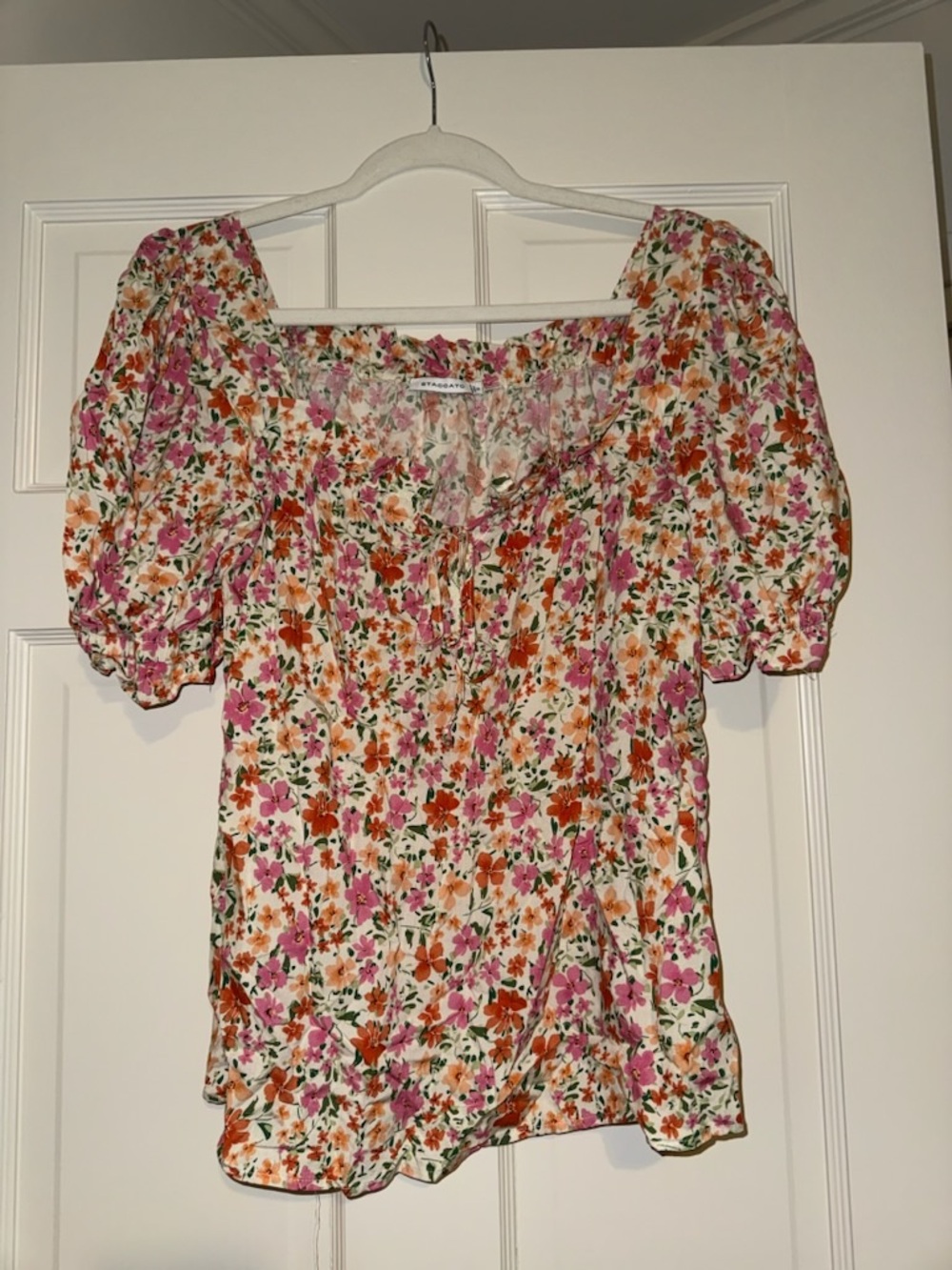 Floral Puff-Sleeve Peasant Top - Pink & Orange
